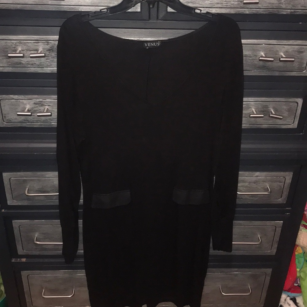 Venus black long sleeve dress with faux pockets
